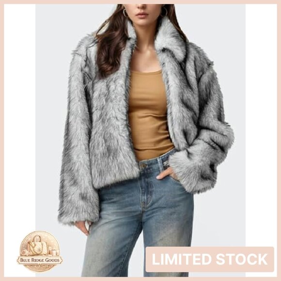 Faux Fur Jacket Lapel Fluffy Open Front Shaggy Winter Coat Elegant Chic - Picture 3 of 8